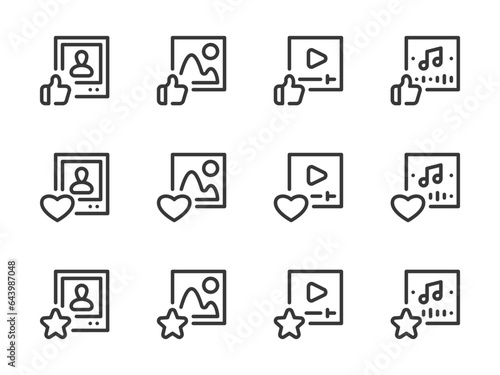 Favorite content and Liked Publication vector line icons. Best Photo, Image, Video and Music outline icon set. Rate, Content, Favorite, Feedback, Thumbs Up, Rating and more.