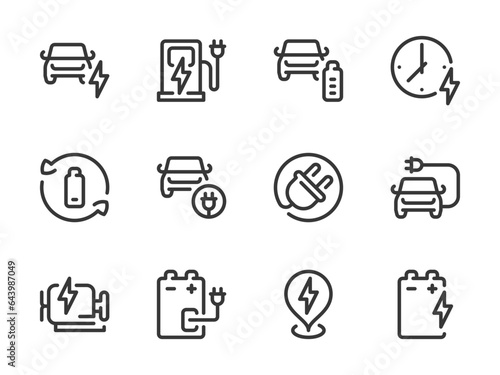 Electric Car and Vehicle Charging vector line icons. Auto charger and Electro Engine outline icon set. Power Station, Battery, Recharge, Charging Time, EV, Charging Place and more.