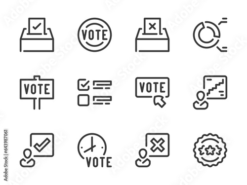 Election and Voting vector line icons. Vote and Polling outline icon set. Debate, Protest, Democracy, Ballot Box, Candidate, Rating, Statistics and more.