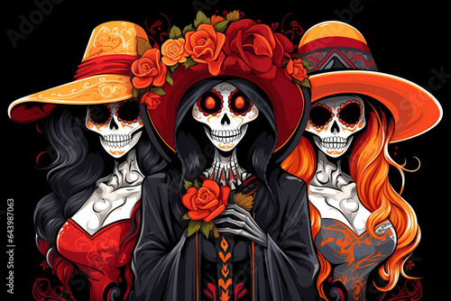 3 Frauen La Catrina dia de muertos Skellete in Fashion mit bemalten Schädeln. Illustration Artstyle. Tag der Toten in Mexico. Querformat. Generative Ai. photo