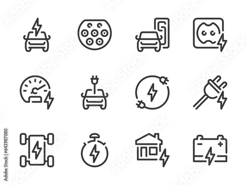 Electric Car and Vehicle Charging vector line icons. Auto charger, Battery and Electro Engine outline icon set. Accumulator, Charging Station, EV, Socket, Plug, Dashboard and more.