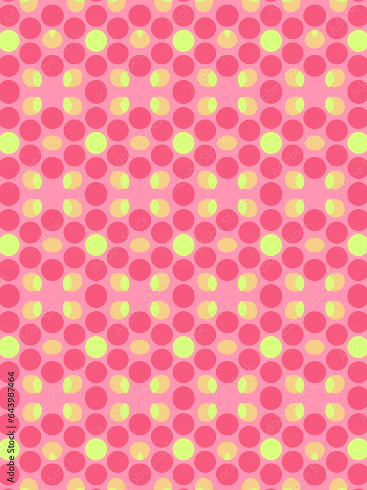 Abstract digital illustration of flat pattern of green and pink spheres on pink background. 3d rendering