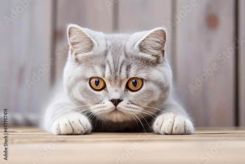 British shorthair cat sitting on a wooden table and looking at the camera