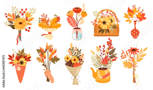 Autumn bouquets with flowers, plants leaves and berries in vase, basket and paper wrap set