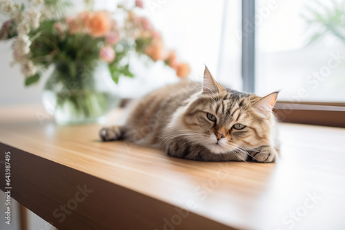 Cute cat lying on wooden table and looking at camera with copy space © Aonsnoopy