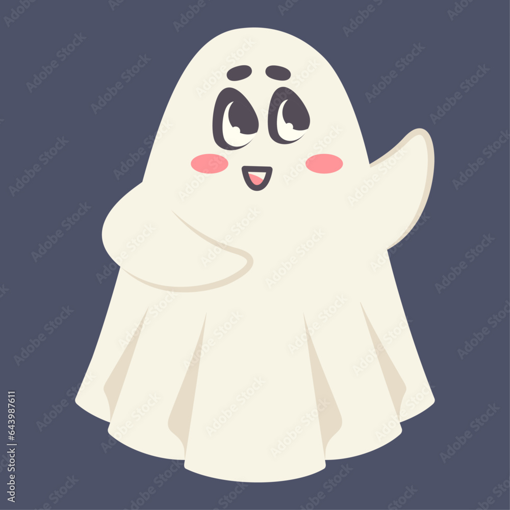 Cartoon funny ghost. Halloween character with cute face expression. Comic spirit isolated on black background. Vector flat illustration for Halloween party, holiday, card Cartoon funny ghost. Halloween character with cute face expression. Comic spirit isolated on black background. Vector flat illustration for Halloween party, holiday, card