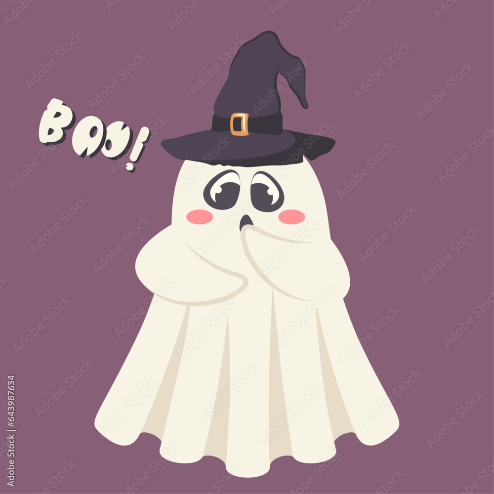 Cartoon scared ghost in wizard's hat. Halloween funny character with cute face expression. Comic spirit isolated on black background. Vector flat illustration for Halloween party, holiday, card