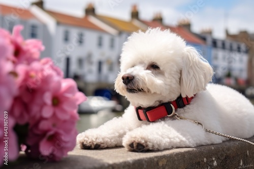 Medium shot portrait photography of a cute bichon frise lying down wearing a floral collar against a picturesque seaside village. With generative AI technology photo