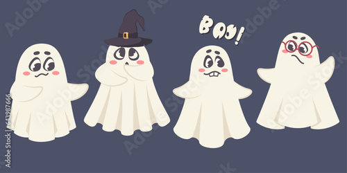 Happy Halloween. Cute Hand drawn doodle ghosts. Set of funny phantom characters with different emotions. Comic monsters in witch's hat, glasses. Vector cartoon illustration for Halloween party