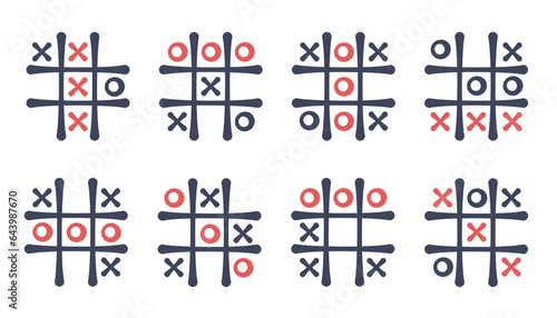 Classic child's play of tic tac toe. Set of Hand drawn outline templates famous exciting game. Cross, zero, lines. Competition concept,  puzzle, business. Vector illustration