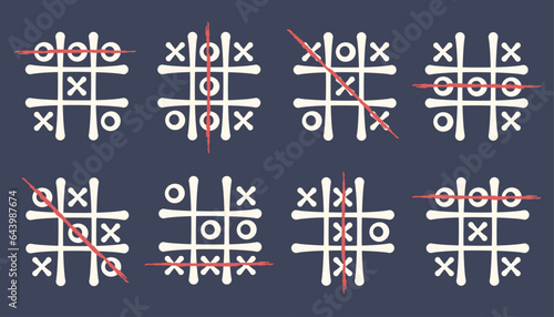 Classic child's play of tic tac toe. Set of Hand drawn outline templates famous exciting game on black background. Cross, zero, lines. Competition concept,  puzzle, business. Vector illustration