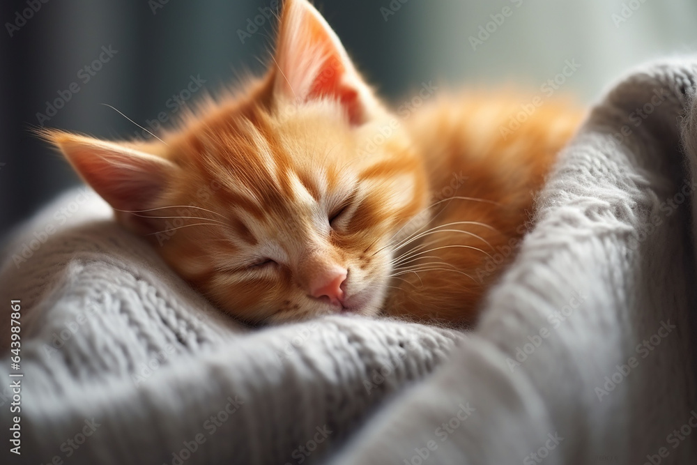 Cute ginger kitten sleeping on a soft blanket. Close up. Cute ginger kitten sleeping on a soft blanket. Close up.