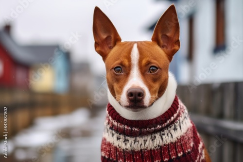 Headshot portrait photography of a funny basenji dog tilting head wearing a festive sweater against a picturesque seaside village. With generative AI technology photo
