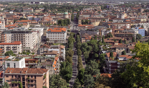 Downtown Bergamo, Italy, August 7, 2023; Panoramic view of buildings and cityscape