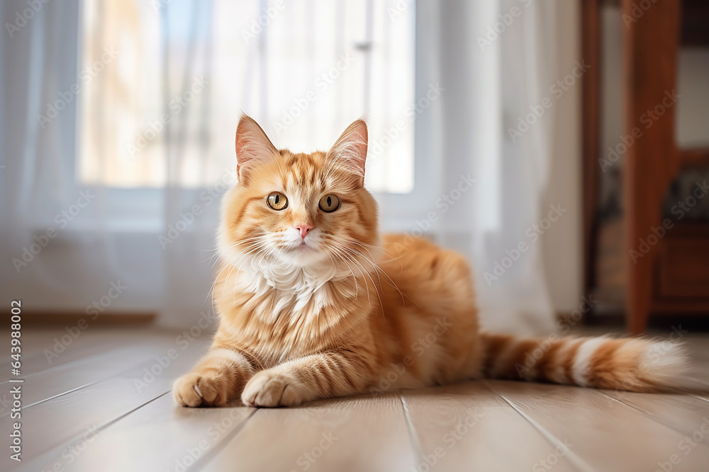 Beautiful ginger cat lying on the floor in the room at home