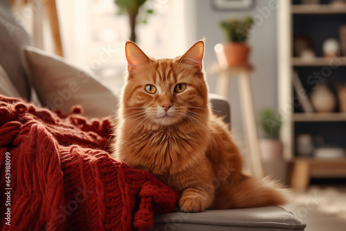 Beautiful ginger cat lying on the floor in the room at home