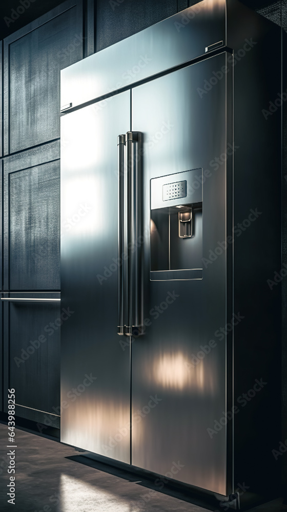 Modern stainless steel refrigerator in the interior of the kitchen, generative AI. Modern stainless steel refrigerator in the interior of the kitchen, generative AI.