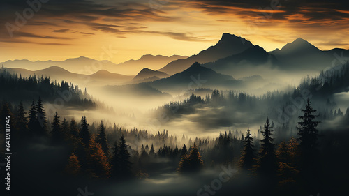 nature landscape drone view  autumn forest mountains and stream misty evening sunset