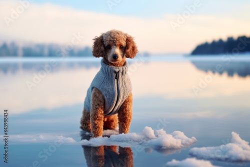 Medium shot portrait photography of a curious poodle barking wearing a cashmere sweater against a backdrop of a frozen winter lake. With generative AI technology photo