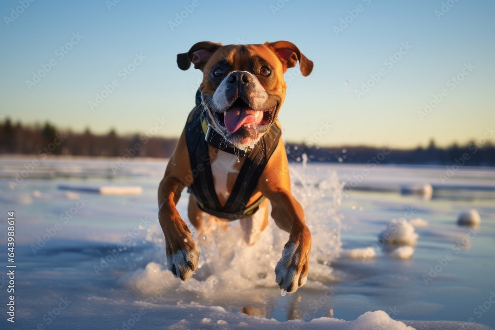 Medium shot portrait photography of a happy boxer dog running wearing a ski suit against a backdrop of a frozen winter lake. With generative AI technology
