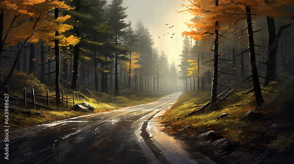 The rainy road through the autumn forest. Landscape illustration. Ai generated.