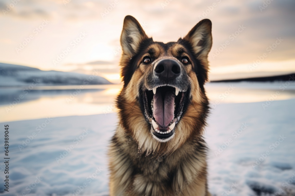Group portrait photography of a happy german shepherd sticking out tongue wearing a parka against a backdrop of an arctic landscape. With generative AI technology - obrazy, fototapety, plakaty 