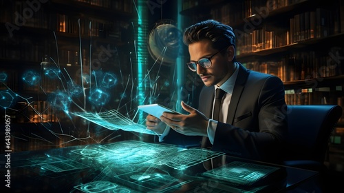 Entrepreneur in suit studies sustainable investment portfolios projected in holographic form, looking for financial success, ai generated