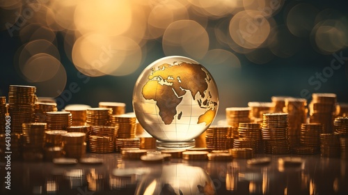 A glass globe with a stack of gold coins, illustrating the global impact of responsible investing on financial wealth., ai generated