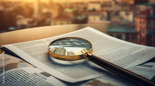 A magnifying glass hovers over a financial newspaper, highlighting the importance of meticulous analysis in investment decisions with a city background, ai generated