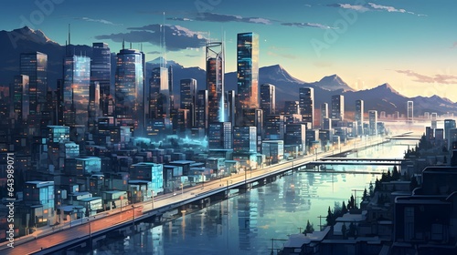 A illustration of a big metropolis city full of skyscrapers and buildings and a river at day, ai generated © GreenFinance