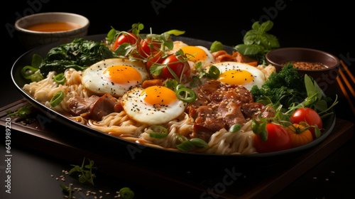 Noodle dish with vegetable and eggs on it