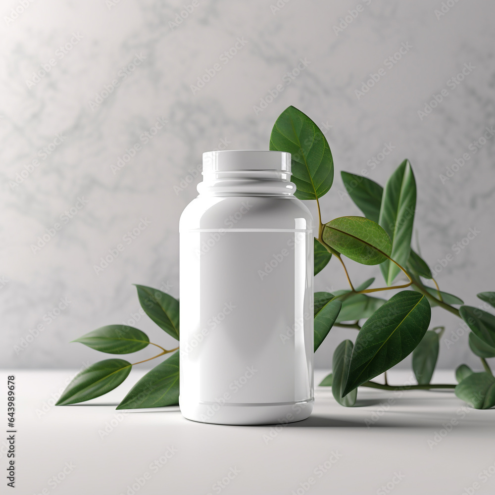White plastic bottle with green branch on white table with marble background. White plastic bottle with green branch on white table with marble background.