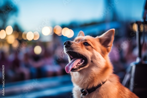 Environmental portrait photography of a funny finnish spitz licking lips wearing a swimming vest against a lively concert stage. With generative AI technology