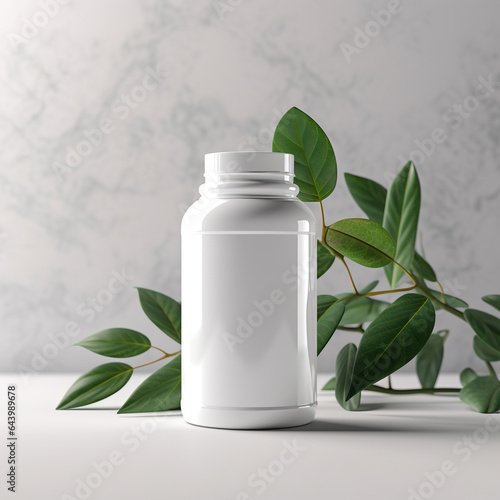 White plastic bottle with green branch on white table with marble background.  © Ali