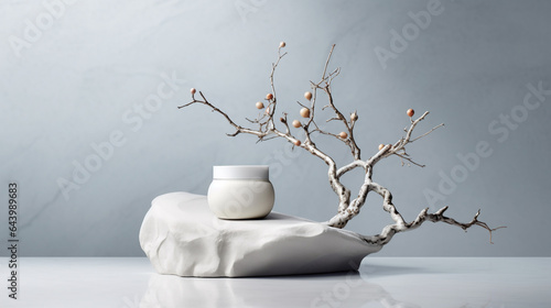A jar of body cream with ikebana branch on a stone white marble table