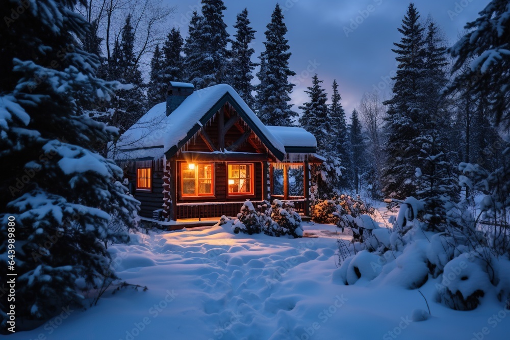 a hut standing in the middle of a snow-covered forest in winter. There is a light burning inside it. The concept of warmth and comfort of a country vintage vacation in the forest.