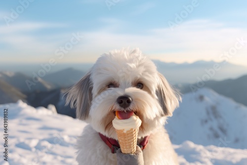 Photography in the style of pensive portraiture of a happy havanese dog licking an ice cream cone wearing a spiked collar against a pristine snowy mountain. With generative AI technology