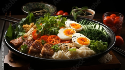photo close-up of bowl of vegetables, noodles and eggs
