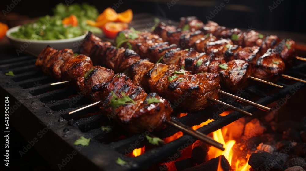 Fresh hot kebab on fire with lime and chili Fresh hot kebab on fire with lime and chili