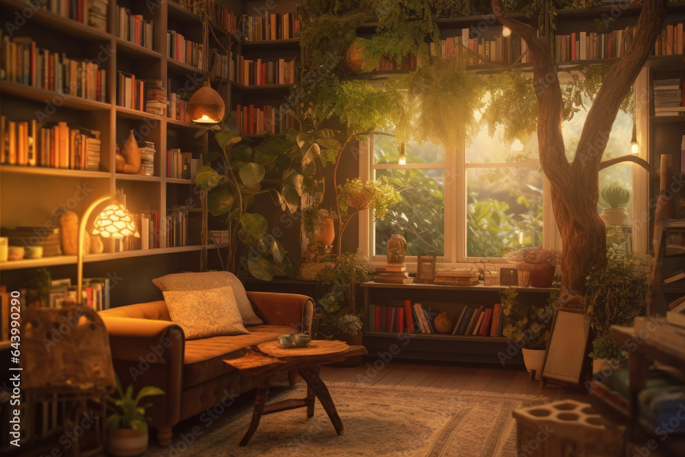Homey cozy corner with lots of books, a place to read and with houseplants.