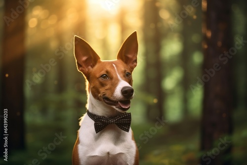 Environmental portrait photography of a cute basenji dog winking wearing a cute bow tie against a backdrop of a mystical forest. With generative AI technology