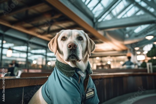 Photography in the style of pensive portraiture of a cute labrador retriever mounting wearing a doctor costume against a bustling airport terminal. With generative AI technology