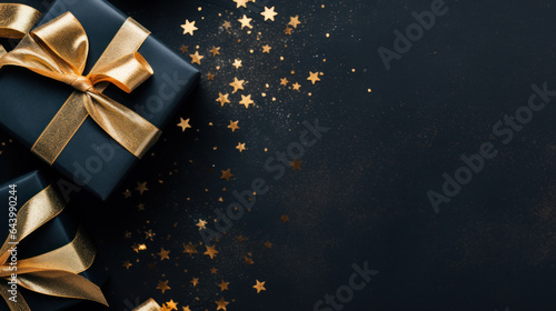 Black gift box gold ribbon and bow with gold glitter on black background. Festive decorative for Birthday, Merry Christmas, New Year, anniversary, valentine, wedding, celebration. Generative AI