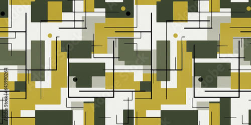 Bahaus abstract geometric shapes. Colorful vintage composition of circles, lines and rectangles in a repeating seamless moss green and mustard yellow colored tile pattern.