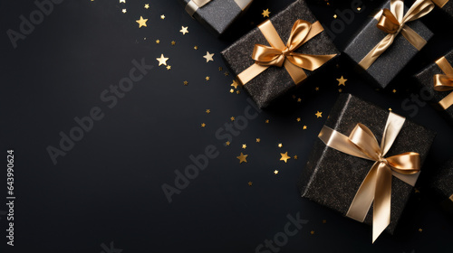 Black Gift Box gold ribbon and bow with gold glitter on black background. Festive decorative for Birthday, Merry Christmas, New Year, anniversary, valentine, wedding, celebration. Generative AI © goku4501