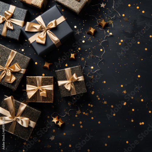 Gold Gift Box gold ribbon and bow with gold glitter on black background. Festive decorative for Birthday, Merry Christmas, New Year, anniversary, valentine, wedding, celebration. Generative AI