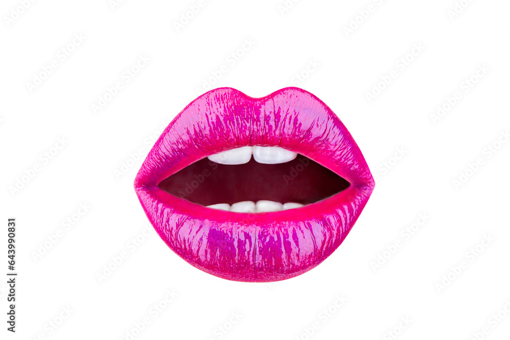 Fototapeta premium Purple lipstick. Perfect natural lip makeup. Close-up beautiful lips. Sexy plump lips nude lipstick. Pink, red lip