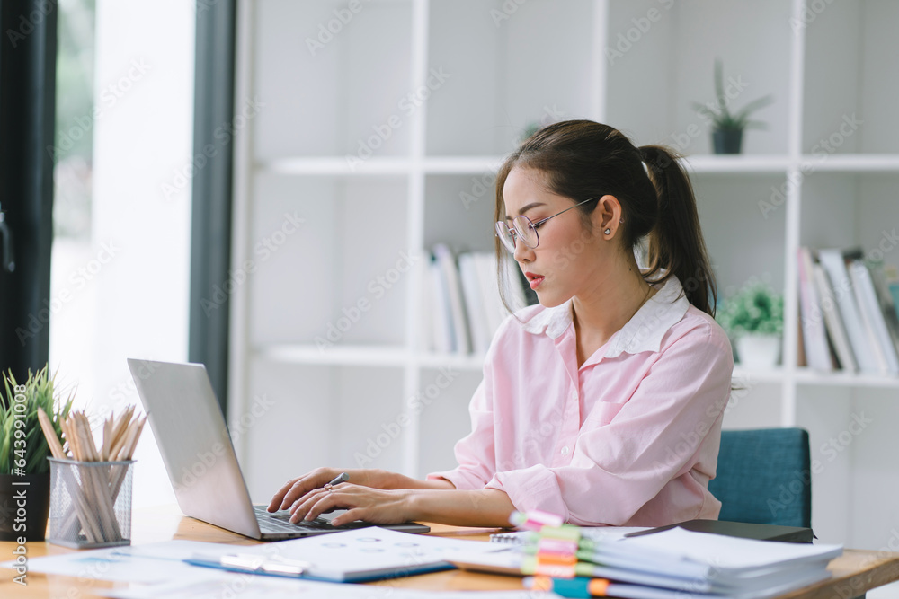 A businesswoman auditor is conducting an audit of the financial report data of the company, including the balance sheet and income statement, on her computer.