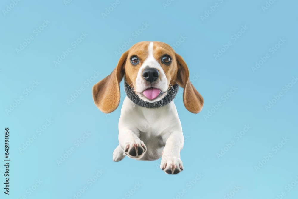 Lifestyle portrait photography of a curious beagle kicking after potty wearing a knit cap against a pastel blue background. With generative AI technology