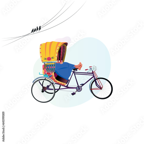 Rickshaw puller taking a rest on a rickshaw in the cityscape.  Tri cycle of Dhaka city. Local vehicle.